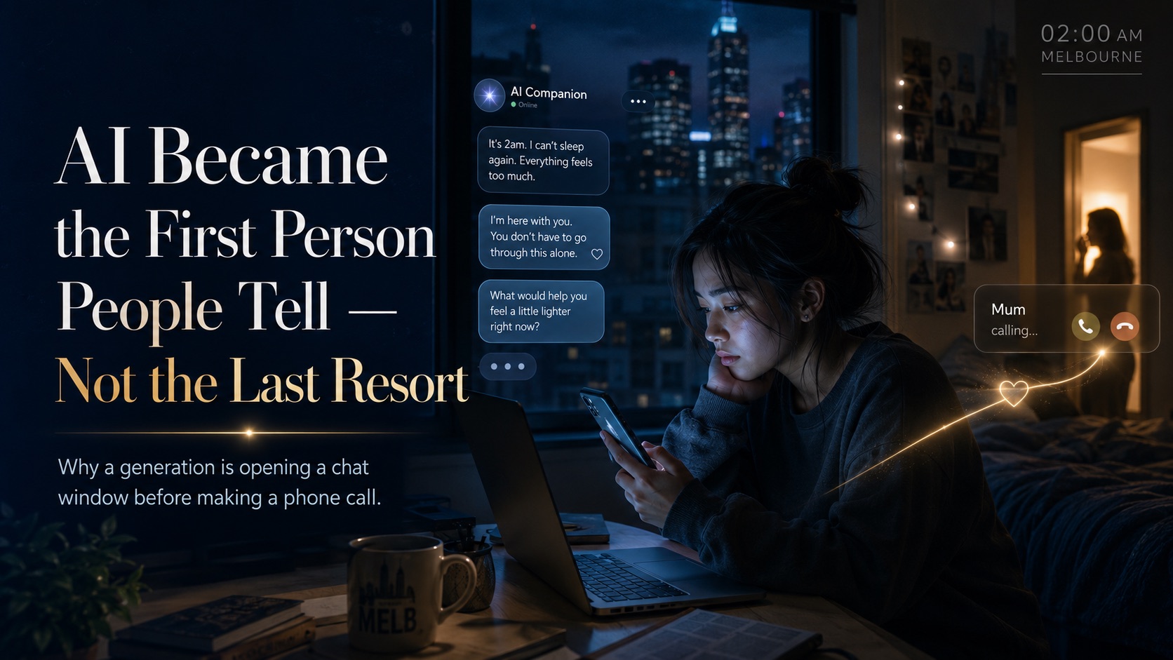 International student on a late-night AI chat while a call from home goes unanswered