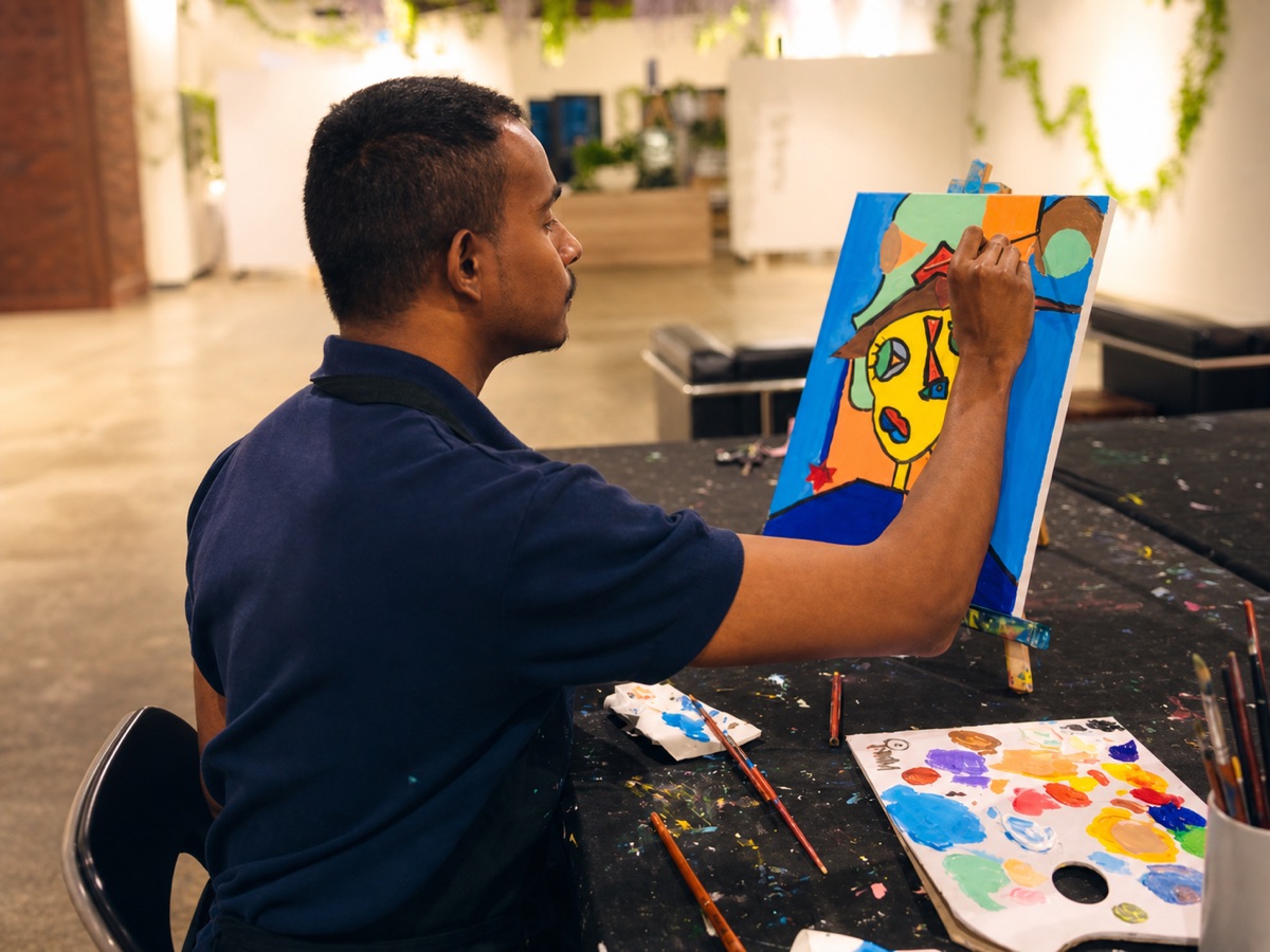 Asanka painting in a creative studio