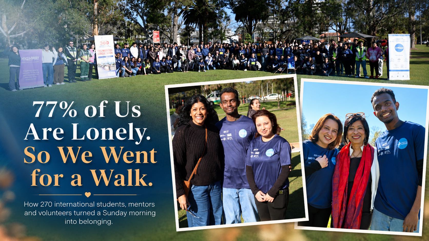 Hundreds of international students, mentors and volunteers gathered on the grass at Princes Park for the AusWISE Walkathon, beside the title '77% of Us Are Lonely. So We Went for a Walk.'