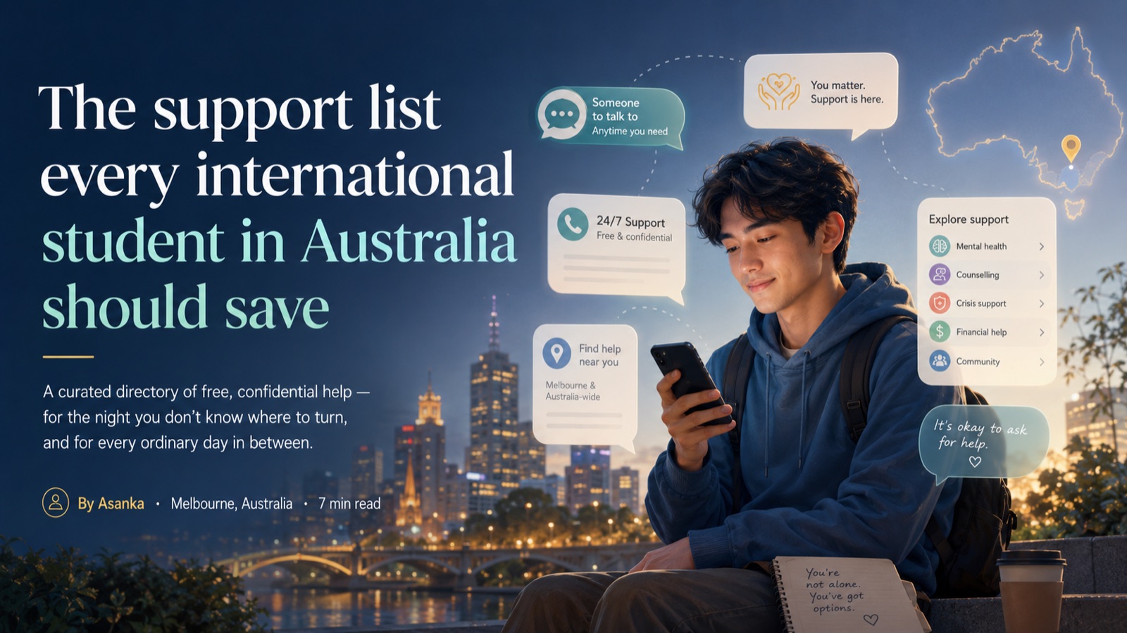 Infographic: support services for international students in Australia — crisis and mental health lines, student support, money and food help, legal advice, and health and OSHC.