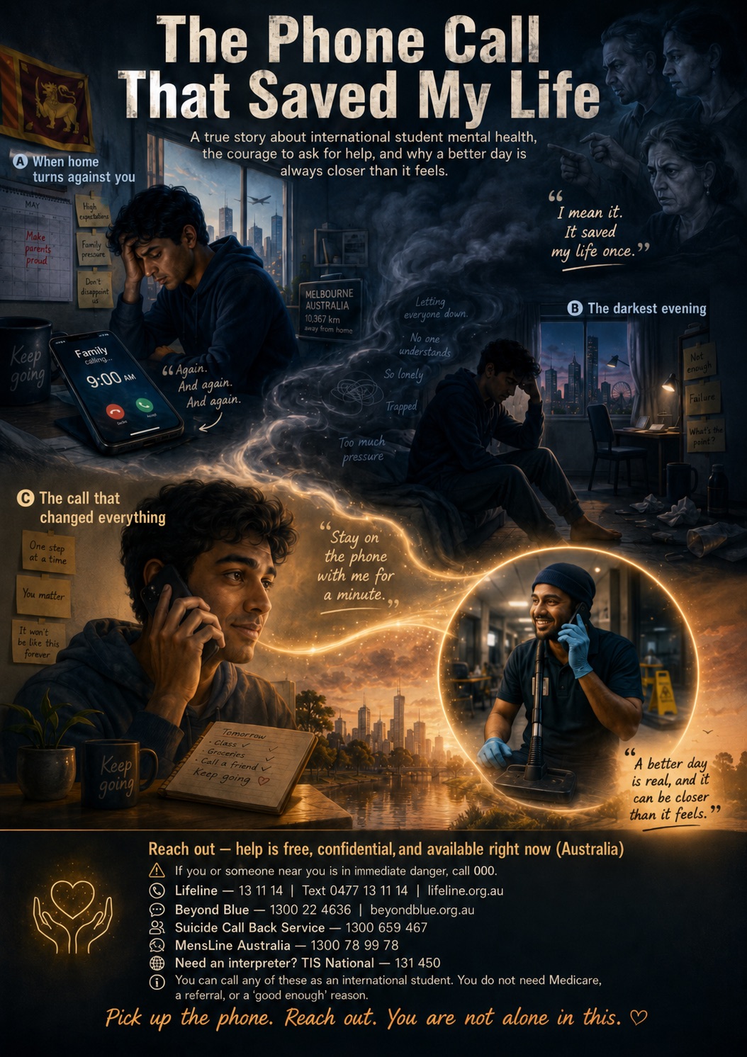 Illustrated poster for 'The Phone Call That Saved My Life' — a Sri Lankan international student in Melbourne on a late-night phone call, with Australian crisis-line numbers listed along the bottom.