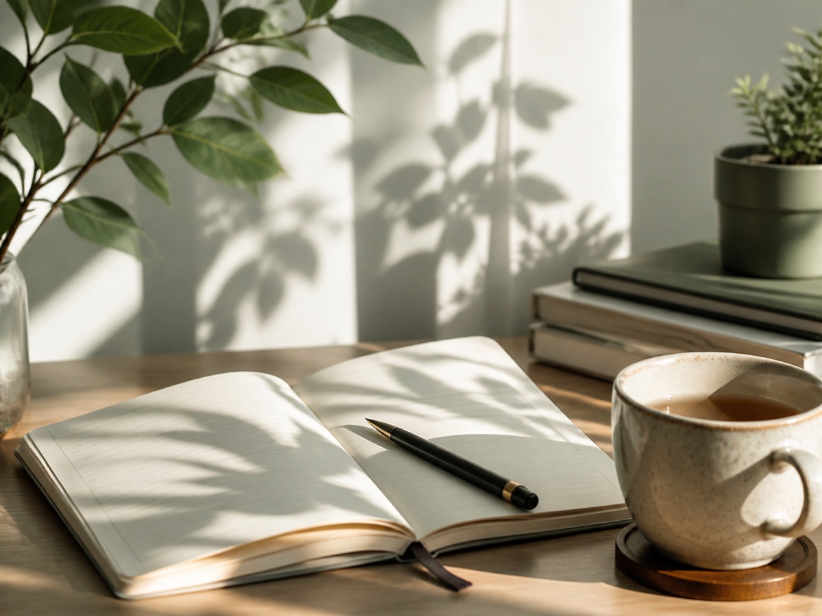 Calm journal and tea on a desk
