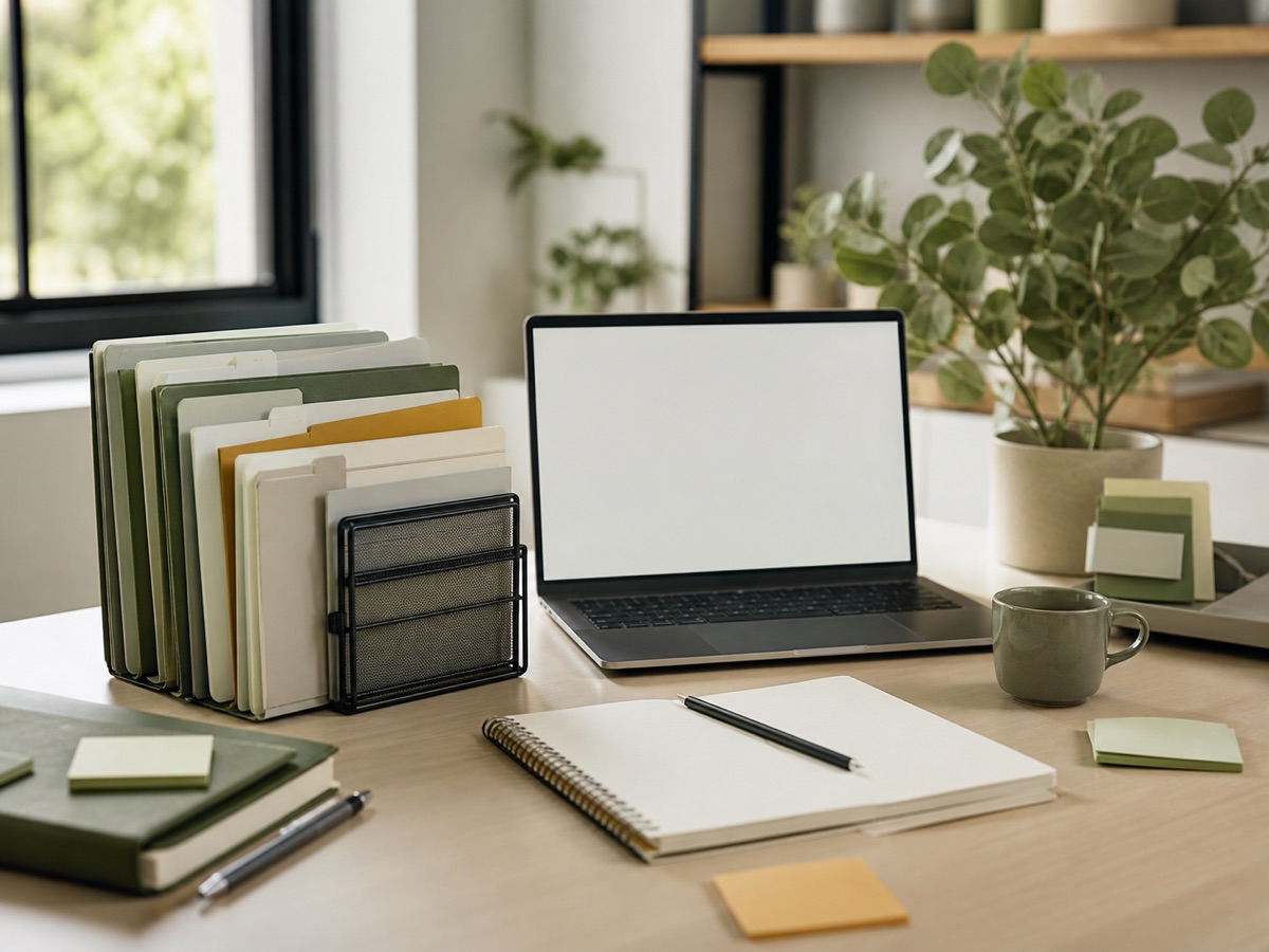 Organised resources, laptop, notebook, and plants