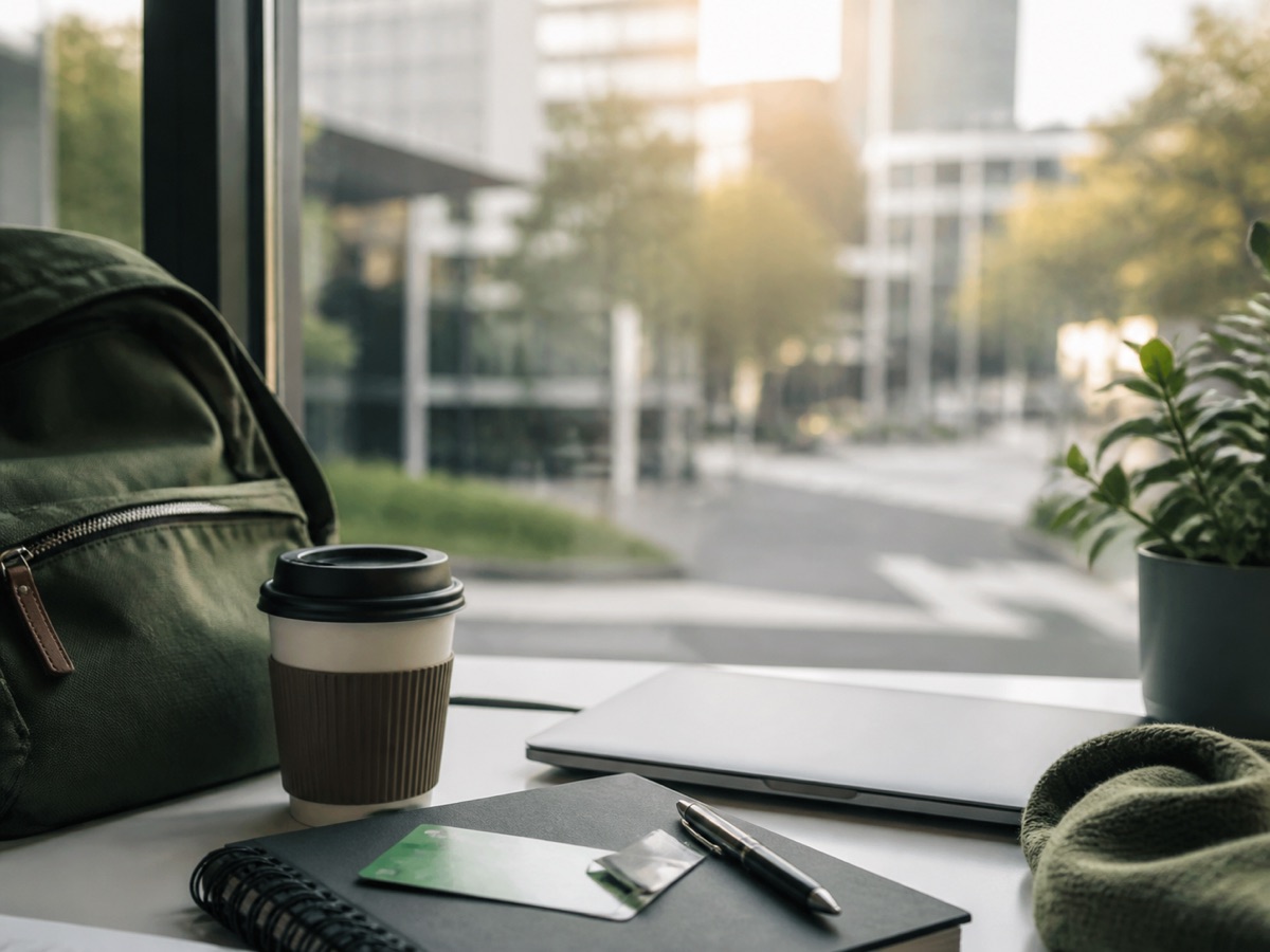 Student desk with backpack, notebook, and city view