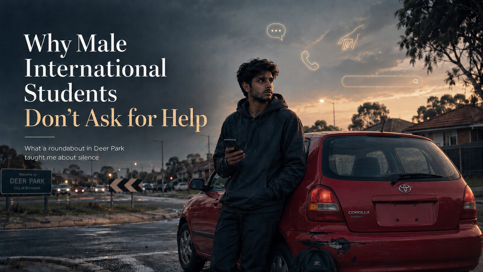 A young male international student leaning against a dented red car at a Deer Park roundabout at dusk, phone in hand